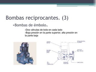 Bombas reciprocantes. (3)
+Bombas de émbolo.
-Dos válvulas de bola en cada lado
-Baja presión en la parte superior, alta presión en
la parte baja
 