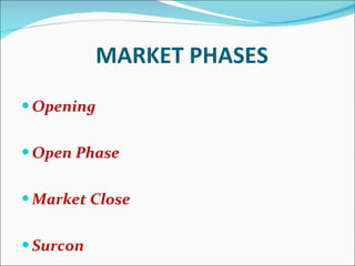 MARKET PHASES Opening Open Phase Market Close Surcon 