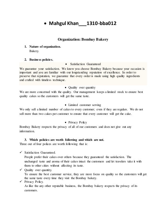 BUSINESS POLICIES OF BOMBAY BAKERY