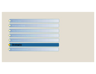 Overview
Financial Data
Key Questions and Focus Area
Hypothesis and Assumptions
Overview
Financial Data
Key Questions and Focus AreaKey Questions and Focus Area
Hypothesis and Assumptions
Approach
Strategies
Recommendation
Approach
Strategies
Recommendation
 