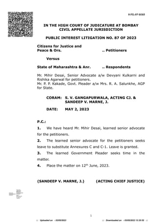 8-PIL-87-2023
1
Pdp
IN THE HIGH COURT OF JUDICATURE AT BOMBAY
CIVIL APPELLATE JURISDICTION
PUBLIC INTEREST LITIGATION NO. ...