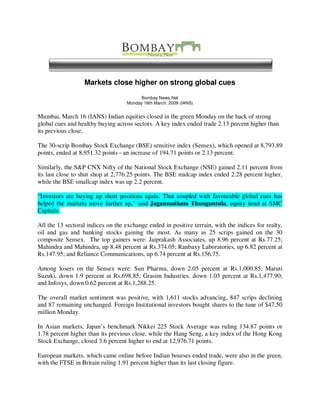 Markets close higher on strong global cues

                                          Bombay News.Net
                                    Monday 16th March, 2009 (IANS)


Mumbai, March 16 (IANS) Indian equities closed in the green Monday on the back of strong
global cues and healthy buying across sectors. A key index ended trade 2.13 percent higher than
its previous close.

The 30-scrip Bombay Stock Exchange (BSE) sensitive index (Sensex), which opened at 8,793.89
points, ended at 8,951.32 points - an increase of 194.71 points or 2.13 percent.

Similarly, the S&P CNX Nifty of the National Stock Exchange (NSE) gained 2.11 percent from
its last close to shut shop at 2,776.25 points. The BSE midcap index ended 2.28 percent higher,
while the BSE smallcap index was up 2.2 percent.

“Investors are buying up short positions again. That coupled with favourable global cues has
helped the markets move further up,” said Jagannadham Thunguntula, equity head at SMC
Capitals.

All the 13 sectoral indices on the exchange ended in positive terrain, with the indices for realty,
oil and gas and banking stocks gaining the most. As many as 25 scrips gained on the 30
composite Sensex. The top gainers were: Jaiprakash Associates, up 8.96 percent at Rs.77.25;
Mahindra and Mahindra, up 8.48 percent at Rs.374.05; Ranbaxy Laboratories, up 6.82 percent at
Rs.147.95; and Reliance Communications, up 6.74 percent at Rs.156.75.

Among losers on the Sensex were: Sun Pharma, down 2.05 percent at Rs.1,000.85; Maruti
Suzuki, down 1.9 percent at Rs.698.85; Grasim Industries, down 1.03 percent at Rs.1,477.90;
and Infosys, down 0.62 percent at Rs.1,288.25.

The overall market sentiment was positive, with 1,611 stocks advancing, 847 scrips declining
and 87 remaining unchanged. Foreign Institutional investors bought shares to the tune of $47.50
million Monday.

In Asian markets, Japan’s benchmark Nikkei 225 Stock Average was ruling 134.87 points or
1.78 percent higher than its previous close, while the Hang Seng, a key index of the Hong Kong
Stock Exchange, closed 3.6 percent higher to end at 12,976.71 points.

European markets, which came online before Indian bourses ended trade, were also in the green,
with the FTSE in Britain ruling 1.91 percent higher than its last closing figure.
 