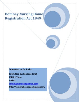 Bombay Nursing Home
Registration Act,1949




  Submitted to: Dr Shelly
  Submitted By: Sandeep Singh
  MHA 1st Sem
  GNDU
  iamsinghsandeep@gmail.com
  http://iamsinghsandeep.blogspot.in/
 