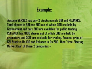 Example:
Assume SENSEX has only 2 stocks namely SBI and RELIANCE.
Total shares in SBI are 500 out of which 200 are held by
Government and only 300 are available for public trading.
RELIANCE has 1000 shares out of which 500 are held by
promoters and 500 are available for trading. Assume price of
SBI Stock is Rs.100 and Reliance is Rs.200. Then "free-Floating
Market Cap" of these 2 companies =
 