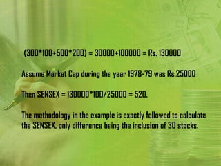 (300*100+500*200) = 30000+100000 = Rs. 130000

Assume Market Cap during the year 1978-79 was Rs.25000

Then SENSEX = 130000*100/25000 = 520.

The methodology in the example is exactly followed to calculate
the SENSEX, only difference being the inclusion of 30 stocks.
 