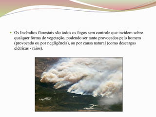  Os Incêndios florestais são todos os fogos sem controle que incidem sobre
qualquer forma de vegetação, podendo ser tanto provocados pelo homem
(provocado ou por negligência), ou por causa natural (como descargas
elétricas - raios).
 