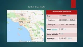 Condado de Los Angeles
Características geográficas
Área 12 304,88[3] km²
- Área terra 10 509,86 km² (85,41%)
- Área água 1 795,02 km² (14,59%)
Maior altitude 3 068[4] m
Menor altitude 0[5] m
População 9 818 605[3] (2010)
 