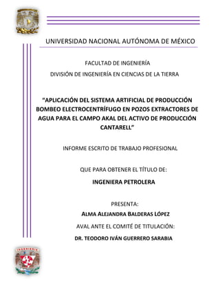 FACULTAD DE INGENIERÍA
“APLICACIÓN DEL SISTEMA ARTIFICIAL DE PRODUCCIÓN
BOMBEO ELECTROCENTRÍFUGO EN POZOS EXTRACTORES DE
AGUA PARA EL CAMPO AKAL DEL ACTIVO DE PRODUCCIÓN
CANTARELL”
INFORME ESCRITO DE TRABAJO PROFESIONAL
QUE PARA OBTENER EL TÍTULO DE:
INGENIERA PETROLERA
PRESENTA:
ALMA ALEJANDRA BALDERAS LÓPEZ
AVAL ANTE EL COMITÉ DE TITULACIÓN:
DR. TEODORO IVÁN GUERRERO SARABIA
UNIVERSIDAD NACIONAL AUTÓNOMA DE MÉXICO
DIVISIÓN DE INGENIERÍA EN CIENCIAS DE LA TIERRA
 