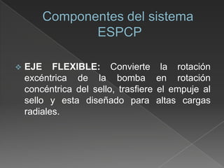 

EJE FLEXIBLE: Convierte
excéntrica de la bomba
concéntrica del sello, trasfiere
sello y esta diseñado para
radiales.

la rotación
en rotación
el empuje al
altas cargas

 