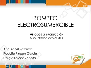 BOMBEO
ELECTROSUMERGIBLE
Ana Isabel Salcedo
Rodolfo Rincón García
Dalgys Lorena Zapata
MÉTODOS DE PRODUCCIÓN
M.SC. FERNANDO CALVETE
1
 