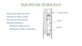 EQUIPO DE SUBSUELO
*Sistema de fluido del motor
*Sistema de fluido cerrado
*Sistema de fluido abierto
*Bombas hidráulicas
-Bomba de doble acción
-Bomba por cabilla e hidráulico
 