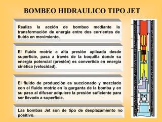 Realiza la acción de bombeo mediante la
transformación de energía entre dos corrientes de
fluido en movimiento.
El fluido motriz a alta presión aplicada desde
superficie, pasa a través de la boquilla donde su
energía potencial (presión) es convertida en energía
cinética (velocidad).
Las bombas Jet son de tipo de desplazamiento no
positivo.
El fluido de producción es succionado y mezclado
con el fluido motriz en la garganta de la bomba y en
su paso al difusor adquiere la presión suficiente para
ser llevado a superficie.
BOMBEO HIDRAULICO TIPO JET
 