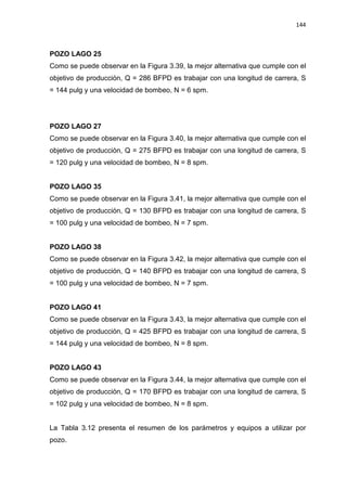 144
POZO LAGO 25
Como se puede observar en la Figura 3.39, la mejor alternativa que cumple con el
objetivo de producción, Q = 286 BFPD es trabajar con una longitud de carrera, S
= 144 pulg y una velocidad de bombeo, N = 6 spm.
POZO LAGO 27
Como se puede observar en la Figura 3.40, la mejor alternativa que cumple con el
objetivo de producción, Q = 275 BFPD es trabajar con una longitud de carrera, S
= 120 pulg y una velocidad de bombeo, N = 8 spm.
POZO LAGO 35
Como se puede observar en la Figura 3.41, la mejor alternativa que cumple con el
objetivo de producción, Q = 130 BFPD es trabajar con una longitud de carrera, S
= 100 pulg y una velocidad de bombeo, N = 7 spm.
POZO LAGO 38
Como se puede observar en la Figura 3.42, la mejor alternativa que cumple con el
objetivo de producción, Q = 140 BFPD es trabajar con una longitud de carrera, S
= 100 pulg y una velocidad de bombeo, N = 7 spm.
POZO LAGO 41
Como se puede observar en la Figura 3.43, la mejor alternativa que cumple con el
objetivo de producción, Q = 425 BFPD es trabajar con una longitud de carrera, S
= 144 pulg y una velocidad de bombeo, N = 8 spm.
POZO LAGO 43
Como se puede observar en la Figura 3.44, la mejor alternativa que cumple con el
objetivo de producción, Q = 170 BFPD es trabajar con una longitud de carrera, S
= 102 pulg y una velocidad de bombeo, N = 8 spm.
La Tabla 3.12 presenta el resumen de los parámetros y equipos a utilizar por
pozo.
 