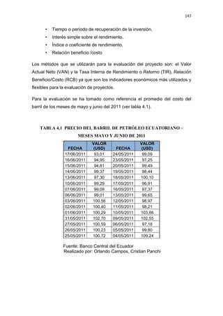 147
• Tiempo o período de recuperación de la inversión,
• Interés simple sobre el rendimiento,
• Índice o coeficiente de rendimiento,
• Relación beneficio /costo
Los métodos que se utilizarán para la evaluación del proyecto son: el Valor
Actual Neto (VAN) y la Tasa Interna de Rendimiento o Retorno (TIR), Relación
Beneficio/Costo (RCB) ya que son los indicadores económicos más utilizados y
flexibles para la evaluación de proyectos.
Para la evaluación se ha tomado como referencia el promedio del costo del
barril de los meses de mayo y junio del 2011 (ver tabla 4.1).
TABLA 4.1 PRECIO DEL BARRIL DE PETRÓLEO ECUATORIANO –
MESES MAYO Y JUNIO DE 2011
FECHA
VALOR
(USD) FECHA
VALOR
(USD)
17/06/2011 93,01 24/05/2011 99,09
16/06/2011 94,95 23/05/2011 97,25
15/06/2011 94,81 20/05/2011 99,49
14/06/2011 99,37 19/05/2011 98,44
13/06/2011 97,30 18/05/2011 100,10
10/06/2011 99,29 17/05/2011 96,91
07/06/2011 99,09 16/05/2011 97,37
06/06/2011 99,01 13/05/2011 99,65
03/06/2011 100,56 12/05/2011 98,97
02/06/2011 100,40 11/05/2011 98,21
01/06/2011 100,29 10/05/2011 103,88
31/05/2011 102,70 09/05/2011 102,55
27/05/2011 100,59 06/05/2011 97,18
26/05/2011 100,23 05/05/2011 99,80
25/05/2011 100,72 04/05/2011 109,24
Fuente: Banco Central del Ecuador
Realizado por: Orlando Campos, Cristian Panchi
 