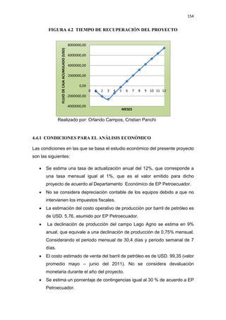 154
FIGURA 4.2 TIEMPO DE RECUPERACIÓN DEL PROYECTO
Realizado por: Orlando Campos, Cristian Panchi
4.4.1 CONDICIONES PARA EL ANÁLISIS ECONÓMICO
Las condiciones en las que se basa el estudio económico del presente proyecto
son las siguientes:
x Se estima una tasa de actualización anual del 12%, que corresponde a
una tasa mensual igual al 1%, que es el valor emitido para dicho
proyecto de acuerdo al Departamento Económico de EP Petroecuador.
x No se considera depreciación contable de los equipos debido a que no
intervienen los impuestos fiscales.
x La estimación del costo operativo de producción por barril de petróleo es
de USD. 5,76, asumido por EP Petroecuador.
x La declinación de producción del campo Lago Agrio se estima en 9%
anual, que equivale a una declinación de producción de 0,75% mensual.
Considerando el periodo mensual de 30,4 días y periodo semanal de 7
días.
x El costo estimado de venta del barril de petróleo es de USD. 99,35 (valor
promedio mayo – junio del 2011). No se considera devaluación
monetaria durante el año del proyecto.
x Se estima un porcentaje de contingencias igual al 30 % de acuerdo a EP
Petroecuador.
-4000000,00
-2000000,00
0,00
2000000,00
4000000,00
6000000,00
8000000,00
0 1 2 3 4 5 6 7 8 9 10 11 12
FLUJODECAJAACUMULADO(USD)
MESES
 