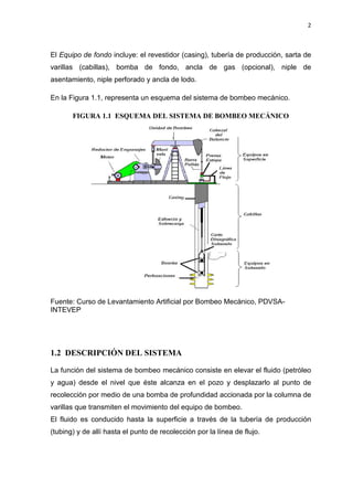 2
El Equipo de fondo incluye: el revestidor (casing), tubería de producción, sarta de
varillas (cabillas), bomba de fondo, ancla de gas (opcional), niple de
asentamiento, niple perforado y ancla de lodo.
En la Figura 1.1, representa un esquema del sistema de bombeo mecánico.
FIGURA 1.1 ESQUEMA DEL SISTEMA DE BOMBEO MECÁNICO
Fuente: Curso de Levantamiento Artificial por Bombeo Mecánico, PDVSA-
INTEVEP
1.2 DESCRIPCIÓN DEL SISTEMA
La función del sistema de bombeo mecánico consiste en elevar el fluido (petróleo
y agua) desde el nivel que éste alcanza en el pozo y desplazarlo al punto de
recolección por medio de una bomba de profundidad accionada por la columna de
varillas que transmiten el movimiento del equipo de bombeo.
El fluido es conducido hasta la superficie a través de la tubería de producción
(tubing) y de allí hasta el punto de recolección por la línea de flujo.
 