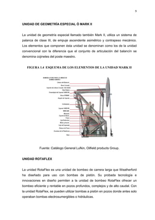 9
UNIDAD DE GEOMETRÍA ESPECIAL Ó MARK II
La unidad de geometría especial llamado también Mark II, utiliza un sistema de
palanca de clase III, de empuje ascendente asimétrico y contrapeso mecánico.
Los elementos que componen ésta unidad se denominan como los de la unidad
convencional con la diferencia que el conjunto de articulación del balancín se
denomina cojinetes del poste maestro.
FIGURA 1.4 ESQUEMA DE LOS ELEMENTOS DE LA UNIDAD MARK II
Fuente: Catálogo General Lufkin, Oilfield products Group.
UNIDAD ROTAFLEX
La unidad RotaFlex es una unidad de bombeo de carrera larga que Weatherford
ha diseñado para uso con bombas de pistón. Su probada tecnología e
innovaciones en diseño permiten a la unidad de bombeo RotaFlex ofrecer un
bombeo eficiente y rentable en pozos profundos, complejos y de alto caudal. Con
la unidad RotaFlex, se pueden utilizar bombas a pistón en pozos donde antes solo
operaban bombas electrosumergibles o hidráulicas.
 