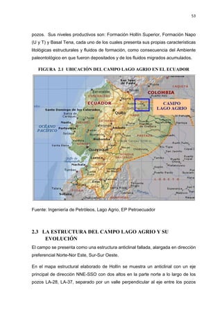 53
pozos. Sus niveles productivos son: Formación Hollín Superior, Formación Napo
(U y T) y Basal Tena, cada uno de los cuales presenta sus propias características
litológicas estructurales y fluidos de formación, como consecuencia del Ambiente
paleontológico en que fueron depositados y de los fluidos migrados acumulados.
FIGURA 2.1 UBICACIÓN DEL CAMPO LAGO AGRIO EN EL ECUADOR
Fuente: Ingeniería de Petróleos, Lago Agrio, EP Petroecuador
2.3 LA ESTRUCTURA DEL CAMPO LAGO AGRIO Y SU
EVOLUCIÓN
El campo se presenta como una estructura anticlinal fallada, alargada en dirección
preferencial Norte-Nor Este, Sur-Sur Oeste.
En el mapa estructural elaborado de Hollín se muestra un anticlinal con un eje
principal de dirección NNE-SSO con dos altos en la parte norte a lo largo de los
pozos LA-28, LA-37, separado por un valle perpendicular al eje entre los pozos
 