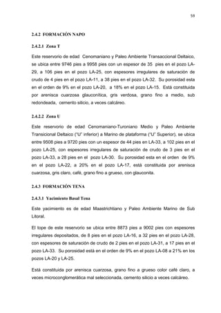 59
2.4.2 FORMACIÓN NAPO
2.4.2.1 Zona T
Este reservorio de edad Cenomaniano y Paleo Ambiente Transaccional Deltaico,
se ubica entre 9746 pies a 9958 pies con un espesor de 35 pies en el pozo LA-
29, a 106 pies en el pozo LA-25, con espesores irregulares de saturación de
crudo de 4 pies en el pozo LA-11, a 38 pies en el pozo LA-32. Su porosidad esta
en el orden de 9% en el pozo LA-20, a 18% en el pozo LA-15. Está constituida
por arenisca cuarzosa glauconítica, gris verdosa, grano fino a medio, sub
redondeada, cemento silicio, a veces calcáreo.
2.4.2.2 Zona U
Este reservorio de edad Cenomaniano-Turoniano Medio y Paleo Ambiente
Transicional Deltaico (“U” inferior) a Marino de plataforma (“U” Superior), se ubica
entre 9508 pies a 9720 pies con un espesor de 44 pies en LA-33, a 102 pies en el
pozo LA-25, con espesores irregulares de saturación de crudo de 3 pies en el
pozo LA-33, a 28 pies en el pozo LA-30. Su porosidad esta en el orden de 9%
en el pozo LA-22, a 20% en el pozo LA-17, está constituida por arenisca
cuarzosa, gris claro, café, grano fino a grueso, con glauconita.
2.4.3 FORMACIÓN TENA
2.4.3.1 Yacimiento Basal Tena
Este yacimiento es de edad Maastrichtiano y Paleo Ambiente Marino de Sub
Litoral.
El tope de este reservorio se ubica entre 8873 pies a 9002 pies con espesores
irregulares depositados, de 8 pies en el pozo LA-16, a 32 pies en el pozo LA-28,
con espesores de saturación de crudo de 2 pies en el pozo LA-31, a 17 pies en el
pozo LA-33. Su porosidad está en el orden de 9% en el pozo LA-08 a 21% en los
pozos LA-20 y LA-25.
Está constituida por arenisca cuarzosa, grano fino a grueso color café claro, a
veces microconglomerática mal seleccionada, cemento silicio a veces calcáreo.
 
