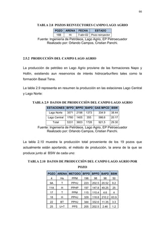 66
TABLA 2.8 POZOS REINYECTORES CAMPO LAGO AGRIO
POZO ARENA FECHA ESTADO
16B Hi 7-abr-02 Pozo reinyector
Fuente: Ingeniería de Petróleos, Lago Agrio, EP Petroecuador
Realizado por: Orlando Campos, Cristian Panchi.
2.5.2 PRODUCCIÓN DEL CAMPO LAGO AGRIO
La producción de petróleo en Lago Agrio proviene de las formaciones Napo y
Hollín, existiendo aun reservorios de interés hidrocarburífero tales como la
formación Basal Tena.
La tabla 2.9 representa en resumen la producción en las estaciones Lago Central
y Lago Norte:
TABLA 2.9 DATOS DE PRODUCCIÓN DEL CAMPO LAGO AGRIO
ESTACIONES BFPD BPPD BAPD GAS MPCD BSW
Lago Norte 3571 2198 1373 334.9 38.44
Lago Central 1760 1405 355 586,6 20.17
Total 5331 3603 1728 921,5 29.30
Fuente: Ingeniería de Petróleos, Lago Agrio, EP Petroecuador
Realizado por: Orlando Campos, Cristian Panchi.
La tabla 2.10 muestra la producción total proveniente de los 19 pozos que
actualmente están aportando, el método de producción, la arena de la que se
produce junto al BSW de cada uno:
TABLA 2.10 DATOS DE PRODUCCIÓN DEL CAMPO LAGO AGRIO POR
POZO
POZO ARENA METODO BFPD BPPD BAPD BSW
4 Hs PPM 196 98 98 50
9A T PPHJ 223 202.5 20.52 9.2
11A H PPHP 197 147.8 49.25 25
17 T PPM 115 110.4 4.6 4
18 H PPHJ 329 118.8 210.2 63.9
22 BT PPHJ 344 332.6 11.35 3.3
25 U+T PPS 205 202.5 2.46 1.2
 