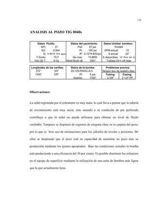 118
ANALISIS AL POZO TIG 0040s
Observaciones:
La señal registrada por el echometer es muy mala, lo cual lleva a pensar que la tubería
de revestimiento está muy sucia, esto sumado a su condición de pre perforada
contribuye a que la señal no pueda utilizarse para obtener un nivel de fluido
confiable. Tampoco se disponen de registros de ninguna clase en la carpeta del pozo,
por lo que se hizo uso de estimaciones para los cálculos de niveles y presiones. De
ellos se desprende que el pozo está en capacidad de aumentar un poco más su
producción mediante los ajustes apropiados. Bajo las condiciones actuales la bomba
está produciendo a una eficiencia del 30 por ciento. Es posible disminuir los esfuerzos
en el equipo de superficie mediante la utilización de una sarta de bombeo más ligera
que la que actualmente tiene.
Datos Fluido: Datos del yacimiento: Datos Unidad bombeo:
API: 37 Pwf: 87 psi
SG: 0.954 Pr: 165 psi SPM actual: 10
Q: 10 BF/D 10% agua IP: 0.1274 B/D/psi S actual: 24"
T fondo: 75 F Qo max: 15 BPD S disponibes: 18" (Port. No. 4)
Visc @ T: 9 Cp Nivel fluido @ 1281'
Longitudes de las varillas: Datos de la bomba: Problemas previos:
372' 3/4" 20-125-RWAC-8-3
1350' 5/8" Pt: 5 psi Tubing: Casing:
Asiento: 1725' 2 3/8" 5 1/2" PP
Portátil
Trabaja 24 h c/8 días
Ningún tipo de registro disp.
 