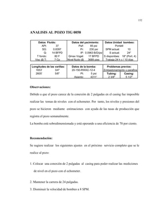 152
ANALISIS AL POZO TIG 0058
Observaciones:
Debido a que el pozo carece de la conexión de 2 pulgadas en el casing fue imposible
realizar las tomas de niveles con el echometer. Por tanto, los niveles y presiones del
pozo se hicieron mediante estimaciones con ayuda de las tasas de producción que
registra el pozo semanalmente.
La bomba está sobredimensionada y está operando a una eficiencia de 70 por ciento.
Recomendación:
Se sugiere realizar los siguientes ajustes en el próximo servicio completo que se le
realice al pozo:
1. Colocar una conexión de 2 pulgadas al casing para poder realizar las mediciones
de nivel en el pozo con el echometer.
2. Mantener la carrera de 24 pulgadas.
3. Disminuir la velocidad de bombeo a 8 SPM.
Datos Fluido: Datos del yacimiento: Datos Unidad bombeo:
API: 37 Pwf: 85 psi
SG: 0.8397 Pr: 230 psi SPM actual: 10
Q: 14 BFPD IP: 0.0963 B/D/psi S actual: 24"
T fondo: 80 F Qmax Vogel: 17 BFPD S disponibes: 18" (Port. 4)
Visc @ T: 7 Cp Nivel fluido @ 3689 pies Trabaja 24 h c / 10 días
Longitudes de las varillas: Datos de la bomba: Problemas previos:
1653' 3/4" 20-150-RWAC-12-4
2605' 5/8" Pt: 5 psi Tubing: Casing:
Asiento: 4311' 2 3/8" 5 1/2"
Embastonamiento y parafina
Portátil
 