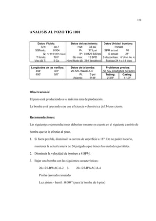 158
ANALISIS AL POZO TIG 1001
Observaciones:
El pozo está produciendo a su máxima rata de producción.
La bomba está operando con una eficiencia volumétrica del 34 por ciento.
Recomendaciones:
Las siguientes recomendaciones deberían tomarse en cuenta en el siguiente cambio de
bomba que se le efectúe al pozo.
1. Si fuera posible, disminuir la carrera de superficie a 18". De no poder hacerlo,
mantener la actual carrera de 24 pulgadas que tienen las unidades portátiles.
2. Disminuir la velocidad de bombeo a 8 SPM.
3. Bajar una bomba con las siguientes características:
20-125-RWAC-6-2 ó 20-125-RWAC-8-4
Pistón cromado ranurado
Luz pistón - barril : 0.004" (para la bomba de 6 pies)
Datos Fluido: Datos del yacimiento: Datos Unidad bombeo:
API: 38.7 Pwf: 34 psi
SGfluido: 0.934 Pr: 313 psi SPM actual: 10
Q: 12 BF/D (30% Agua) IP: 0.0429 B/D/psi S actual: 24"
T fondo: 70 F Qo max: 12 BPD S disponibes: 18" (Port. No. 4)
Visc @ T: 5 Cp Nivel fluido @ 284' (estático)
Longitudes de las varillas: Datos de la bomba: Problemas previos:
494' 3/4" 20-125-RWAC-8-3
650' 5/8" Pt: 5 psi Tubing: Casing:
Asiento: 1144' 2 3/8" 4 1/2"
Portátil
Trabaja 24 h c / 8 días
No hay estadística del pozo
 