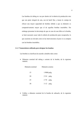 12
Las bombas de tubing no van por dentro de la tubería de producción sino
que son parte integral de esta, son de barril fijo y tienen la ventaja de
ofrecer una mayor capacidad de bombeo debido a que su diámetro es
comparativamente mayor que el de aquellas bombas insertables. Sin
embargo presentan la desventaja de que en caso de una falla en la bomba,
se hará necesario sacar toda la tubería de producción para recuperarla, lo
que ocasiona un elevado costo en las intervenciones al pozo si se compara
con las bombas insertables.
1.1.3 Nomenclatura utilizada para designar las bombas
Las bombas se clasifican de acuerdo a detalles tales como:
• Diámetro nominal del tubing o asiento de la bomba, de la siguiente
manera:
Diámetro nominal Diámetro externo
15 1.9000 pulg.
20 2 3/4 pulg.
25 2 7/8 pulg.
30 3 1/2 pulg.
• Calibre o diámetro nominal de la bomba de subsuelo, de la siguiente
manera:
 