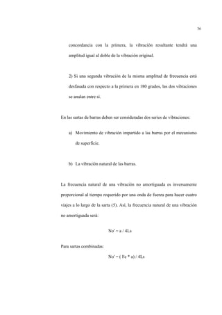 36
concordancia con la primera, la vibración resultante tendrá una
amplitud igual al doble de la vibración original.
2) Si una segunda vibración de la misma amplitud de frecuencia está
desfasada con respecto a la primera en 180 grados, las dos vibraciones
se anulan entre sí.
En las sartas de barras deben ser consideradas dos series de vibraciones:
a) Movimiento de vibración impartido a las barras por el mecanismo
de superficie.
b) La vibración natural de las barras.
La frecuencia natural de una vibración no amortiguada es inversamente
proporcional al tiempo requerido por una onda de fuerza para hacer cuatro
viajes a lo largo de la sarta (5). Así, la frecuencia natural de una vibración
no amortiguada será:
No' = a / 4Ls
Para sartas combinadas:
No' = ( Fc * a) / 4Ls
 