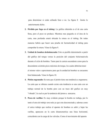 56
para determinar si están sellando bien o no. La figura 8 ilustra lo
anteriormente dicho.
2. Pérdida por fuga en el tubing: La gráfica obtenida es el de una carta
llena, pero el pozo no produce. Mientras mas pequeña es el área de la
carta, mas profunda estará ubicada la rotura en el tubing. De todas
maneras habría que hacer una prueba de hermeticidad al tubing para
comprobar la rotura. Véase la figura 9.
3. Unidad de bombeo desbalanceada: Esto es posible determinarlo a partir
del gráfico del torque versus la posición del conjunto biela/manivela
durante el ciclo de bombeo. Tanto para la carrera ascendente como para la
descendente existirán picos máximos de torque, los cuales deberían tener
el mismo valor o aproximarse para que la unidad de bombeo se encuentre
bien balanceada. Véase la figura 10.
4. Pistón engranado: Se nota que el pistón tiene una tendencia a engranarse.
La carta que se obtiene cuando existe esta tendencia es una carta con un
trabajo normal de la bomba pero con un trazo del grafico en muy
"vibrado", lo cual es por la tendencia del piston a atascarse.
5. Pesca de varillas: Es muy evidente porque la bomba no trabaja, por lo
tanto el area de trabajo sera nula ya que esta desconectada y ademas como
el unico trabajo que realiza el aparato de bombeo es subir y bajar las
varillas, aparecera en la carta dinamometrica una linea horizontal,
coincidente con la carga de las valvulas. Como el movimiento del aparato
 