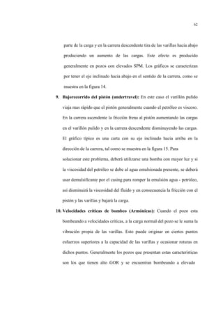 62
parte de la carga y en la carrera descendente tira de las varillas hacia abajo
produciendo un aumento de las cargas. Este efecto es producido
generalmente en pozos con elevados SPM. Los gráficos se caracterizan
por tener el eje inclinado hacia abajo en el sentido de la carrera, como se
muestra en la figura 14.
9. Bajorecorrido del pistón (undertravel): En este caso el varillón pulido
viaja mas rápido que el pistón generalmente cuando el petróleo es viscoso.
En la carrera ascendente la fricción frena al pistón aumentando las cargas
en el varillón pulido y en la carrera descendente disminuyendo las cargas.
El gráfico típico es una carta con su eje inclinado hacia arriba en la
dirección de la carrera, tal como se muestra en la figura 15. Para
solucionar este problema, deberá utilizarse una bomba con mayor luz y si
la viscosidad del petróleo se debe al agua emulsionada presente, se deberá
usar demulsificante por el casing para romper la emulsión agua - petróleo,
así disminuirá la viscosidad del fluido y en consecuencia la fricción con el
pistón y las varillas y bajará la carga.
10. Velocidades críticas de bombeo (Armónicas): Cuando el pozo esta
bombeando a velocidades críticas, a la carga normal del pozo se le suma la
vibración propia de las varillas. Esto puede originar en ciertos puntos
esfuerzos superiores a la capacidad de las varillas y ocasionar roturas en
dichos puntos. Generalmente los pozos que presentan estas características
son los que tienen alto GOR y se encuentran bombeando a elevado
 