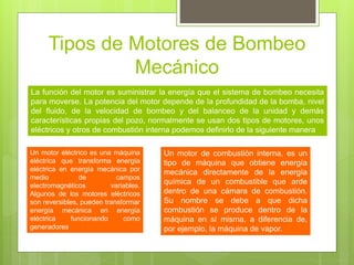 Tipos de Motores de Bombeo
Mecánico
La función del motor es suministrar la energía que el sistema de bombeo necesita
para moverse. La potencia del motor depende de la profundidad de la bomba, nivel
del fluido, de la velocidad de bombeo y del balanceo de la unidad y demás
características propias del pozo, normalmente se usan dos tipos de motores, unos
eléctricos y otros de combustión interna podemos definirlo de la siguiente manera
Un motor eléctrico es una máquina
eléctrica que transforma energía
eléctrica en energía mecánica por
medio de campos
electromagnéticos variables.
Algunos de los motores eléctricos
son reversibles, pueden transformar
energía mecánica en energía
eléctrica funcionando como
generadores
Un motor de combustión interna, es un
tipo de máquina que obtiene energía
mecánica directamente de la energía
química de un combustible que arde
dentro de una cámara de combustión.
Su nombre se debe a que dicha
combustión se produce dentro de la
máquina en sí misma, a diferencia de,
por ejemplo, la máquina de vapor.
 