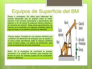 Equipos de Superficie del BM
Pesas o contrapeso: Se utiliza para balancear las
fuerzas desiguales que se originan sobre el motor
durante a las carreras ascendente y descendente del
balancín a fin de reducir la potencia máxima efectiva y
el momento de rotación. Estas pesas generalmente, se
colocan en la manivela y en algunas unidades sobre la
viga principal, en el extremo opuesto el cabezote.
Motor: Es el encargado de suministra la energía
necesaria a la unidad de bombeo para levantar los
fluidos de pozo. Es motores pueden ser de combustión
interna o eléctricos.
Prensa estopa: Consiste en una cámara cilíndrica que
contienen los elementos de empaque que se ajustan a
la barra pulida permitiendo sellar el espacio existente
entre la barra pulida y la tubería de producción, para
evitar el derrama de de crudo producido.
 