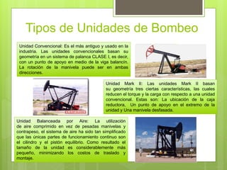 Tipos de Unidades de Bombeo
Unidad Convencional: Es el más antiguo y usado en la
industria. Las unidades convencionales basan su
geometría en un sistema de palanca CLASE I, es decir,
con un punto de apoyo en medio de la viga balancín.
La rotación de la manivela puede ser en ambas
direcciones.
Unidad Mark II: Las unidades Mark II basan
su geometría tres ciertas características, las cuales
reducen el torque y la carga con respecto a una unidad
convencional. Estas son: La ubicación de la caja
reductora, Un punto de apoyo en el extremo de la
unidad y Una manivela desfasada.
Unidad Balanceada por Aire: La utilización
de aire comprimido en vez de pesadas manivelas y
contrapeso, el sistema de aire ha sido tan simplificado
que las únicas partes de funcionamiento continuo son
el cilindro y el pistón equilibrio. Como resultado el
tamaño de la unidad es considerablemente más
pequeño, minimizando los costos de traslado y
montaje.
 
