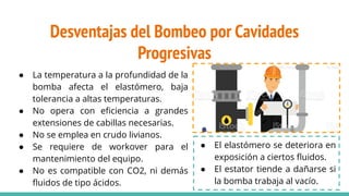 Desventajas del Bombeo por Cavidades
Progresivas
● La temperatura a la profundidad de la
bomba afecta el elastómero, baja
tolerancia a altas temperaturas.
● No opera con eﬁciencia a grandes
extensiones de cabillas necesarias.
● No se emplea en crudo livianos.
● Se requiere de workover para el
mantenimiento del equipo.
● No es compatible con CO2, ni demás
ﬂuidos de tipo ácidos.
● El elastómero se deteriora en
exposición a ciertos ﬂuidos.
● El estator tiende a dañarse si
la bomba trabaja al vacío.
 