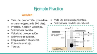 Ejemplo Práctico
Calcular:
● Tasa de producción (considere
una sumergencia de 200 pies).
● Presión / head en la bomba.
● Seleccionar bomba.
● Velocidad de operación.
● Diámetro de cabillas.
● Carga axial en el cabezal.
● Potencia en el eje.
● Torque.
● Vida útil de los rodamientos.
● Seleccionar modelo de cabezal.
 