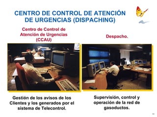 CENTRO DE CONTROL DE ATENCIÓN DE URGENCIAS (DISPACHING) Centro de Control de Atención de Urgencias (CCAU) Gestión de los avisos de los Clientes y los generados por el sistema de Telecontrol. Despacho. Supervisión, control y operación de la red de gasoductos. 
