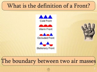 What is the definition of a Front?




The boundary between two air masses
                                       1
 