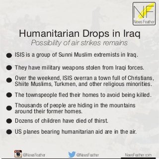 Humanitarian Drops in Iraq
Possibility of air strikes remains
NFNews Feather
ISIS is a group of Sunni Muslim extremists in Iraq.
They have military weapons stolen from Iraqi forces.
Over the weekend, ISIS overran a town full of Christians,
Shiite Muslims, Turkmen, and other religious minorities.
The townspeople ﬂed their homes to avoid being killed.
Dozens of children have died of thirst.
US planes bearing humanitarian aid are in the air.
Thousands of people are hiding in the mountains
around their former homes.
NewsFeather.com@NewsFeather@NewsFeather
 