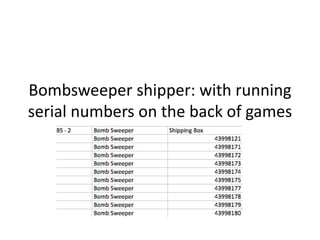 Bombsweeper shipper: with running
serial numbers on the back of games
 