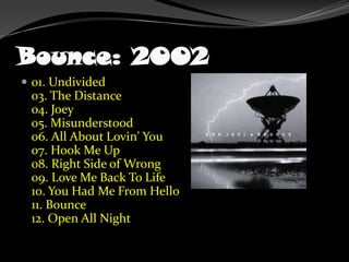 Bounce: 200201. Undivided03. The Distance04. Joey05. Misunderstood06. All About Lovin' You07. Hook Me Up08. Right Side of Wrong09. Love Me Back To Life10. You Had Me From Hello11. Bounce12. Open All Night