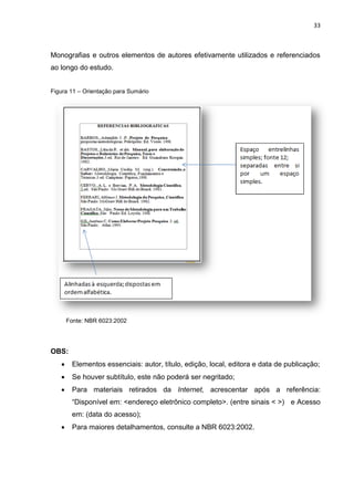 33
Monografias e outros elementos de autores efetivamente utilizados e referenciados
ao longo do estudo.
Figura 11 – Orientação para Sumário
OBS:
 Elementos essenciais: autor, título, edição, local, editora e data de publicação;
 Se houver subtítulo, este não poderá ser negritado;
 Para materiais retirados da Internet, acrescentar após a referência:
“Disponível em: <endereço eletrônico completo>. (entre sinais < >) e Acesso
em: (data do acesso);
 Para maiores detalhamentos, consulte a NBR 6023:2002.
Fonte: NBR 6023:2002
 