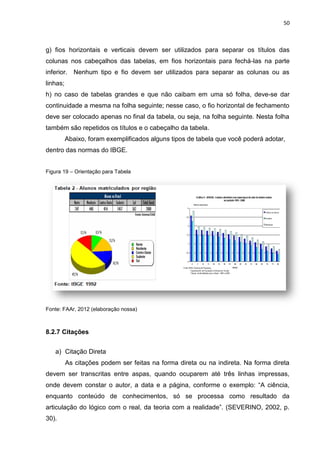 50
g) fios horizontais e verticais devem ser utilizados para separar os títulos das
colunas nos cabeçalhos das tabelas, em fios horizontais para fechá-las na parte
inferior. Nenhum tipo e fio devem ser utilizados para separar as colunas ou as
linhas;
h) no caso de tabelas grandes e que não caibam em uma só folha, deve-se dar
continuidade a mesma na folha seguinte; nesse caso, o fio horizontal de fechamento
deve ser colocado apenas no final da tabela, ou seja, na folha seguinte. Nesta folha
também são repetidos os títulos e o cabeçalho da tabela.
Abaixo, foram exemplificados alguns tipos de tabela que você poderá adotar,
dentro das normas do IBGE.
Figura 19 – Orientação para Tabela
Fonte: FAAr, 2012 (elaboração nossa)
8.2.7 Citações
a) Citação Direta
As citações podem ser feitas na forma direta ou na indireta. Na forma direta
devem ser transcritas entre aspas, quando ocuparem até três linhas impressas,
onde devem constar o autor, a data e a página, conforme o exemplo: “A ciência,
enquanto conteúdo de conhecimentos, só se processa como resultado da
articulação do lógico com o real, da teoria com a realidade”. (SEVERINO, 2002, p.
30).
 