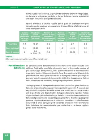 16
capitolo 1 FORZA, POTENZA E RESISTENZA MUSCOLARE NEGLI SPORT
Come si vede nella tabella 1.2, i powerlifter allenano la forza molto più spes-
so durante la settimana e per tutta la durata dell’anno rispetto agli atleti di
altri sport individuali o di sport di squadra.
Questa differenza è un’altra ragione per la quale un allenatore non può
semplicemente applicare un programma di powerlifting all’allenamento di
altre tipologie di atleti.
La periodizzazione dell’allenamento della forza deve essere basata sulle
richieste fisiologiche specifiche di un dato sport e deve anche portare al
più alto sviluppo della potenza, della potenza resistente e della resistenza
muscolare. Inoltre, l’allenamento della forza deve adattarsi ai bisogni della
periodizzazione dello sport considerato e impiegare i metodi più adeguati
per ogni fase del processo di allenamento. L’obiettivo è raggiungere il picco
della prestazione nel momento delle gare più importanti dell’anno.
Tutti i programmi di forza periodizzati iniziano con una fase generale di adat-
tamento anatomico che prepara il corpo per i cicli successivi. A seconda dei
requisiti della disciplina, potrebbe essere utile pianificare uno o due macro-
cicli di ipertrofia. Uno degli obiettivi della periodizzazione è portare l’atleta
al più alto livello possibile di sviluppo della forza massimale entro i limiti di
tempo del piano annuale, cosicché i guadagni di forza diventino guadagni di
potenza, di potenza resistente o di resistenza muscolare. La pianificazione
dei periodi è unica per ogni sport e dipende anche dal livello di maturità
fisica dell’atleta, dal calendario delle gare e dalle date in cui si deve raggiun-
gere il picco della forma.
Numero
di periodi
preparatori
nel piano
annuale
Durata dei
periodi
preparatori
(settimane)
Numero di
sessioni di forza
settimanali
durante i periodi
preparatori
Numero
di periodi
di gara
nel piano
annuale
Durata dei
periodi
di gara
(settimane)
Numero di
sessioni di forza
settimanali
durante le fasi
competitive
Powerlifting 1–5 12–24 3–6 1–5 2-4 3–5
Sport individuali 1–4 12–20 3–4 1–4 4–20 1–4
Sport di squadra 2
3–8
(o fino a 12)
2–4 2 28–36 1–4
Tabella 1.2
Differenza tra piani annuali del powerlifting e di altri sport
Periodizzazione
della forza
 