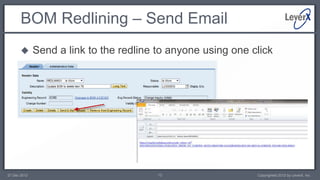 BOM Redlining – Send Email
             Send a link to the redline to anyone using one click




27 Dec 2012                              12                   Copyrighted 2012 by LeverX, Inc.
 