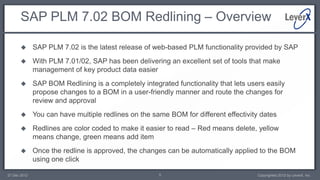 SAP PLM 7.02 BOM Redlining – Overview

             SAP PLM 7.02 is the latest release of web-based PLM functionality provided by SAP
             With PLM 7.01/02, SAP has been delivering an excellent set of tools that make
              management of key product data easier
             SAP BOM Redlining is a completely integrated functionality that lets users easily
              propose changes to a BOM in a user-friendly manner and route the changes for
              review and approval
             You can have multiple redlines on the same BOM for different effectivity dates
             Redlines are color coded to make it easier to read – Red means delete, yellow
              means change, green means add item
             Once the redline is approved, the changes can be automatically applied to the BOM
              using one click

27 Dec 2012                                           5                               Copyrighted 2012 by LeverX, Inc.
 