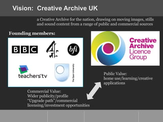 Vision:  Creative Archive UK a Creative Archive for the nation, drawing on moving images, stills and sound content from a ...