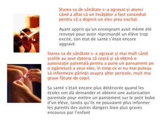Starea sa de sănătate s-a agravat şi atunci când a aflat că un învăţător a fost concediat pentru că a dojenit un elev prea excitat. Ayant appris qu’un enseignant avait même été renvoyé pour avoir réprimandé un élève trop excité, son état de santé s’était encore aggravé Starea sa de sănătate s-a agravat şi mai mult când şcolile au avut datoria să ceară şi să obţină o autorizaţie parentală pentru a pune un pansament pe o zgârietură a unui elev, în timp ce ei nu mai puteau să informeze părinţii asupra altor pericole, mult mai grave făcute de copil. Sa santé s’était encore plus détériorée quand les écoles ont dû demander et obtenir une autorisation parentale pour mettre un pansement sur le petit bobo d’un élève, tandis qu’ils ne pouvaient plus informer les parents des autres dangers bien plus graves encourus par l’enfant 