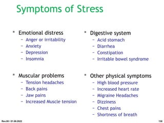 Symptoms of Stress
 Emotional distress
− Anger or irritability
− Anxiety
− Depression
− Insomnia
 Muscular problems
− Tension headaches
− Back pains
− Jaw pains
− Increased Muscle tension
 Digestive system
− Acid stomach
− Diarrhea
− Constipation
− Irritable bowel syndrome
 Other physical symptoms
− High blood pressure
− Increased heart rate
− Migraine Headaches
− Dizziness
− Chest pains
− Shortness of breath
Rev.00 / 01.08.2022 130
 