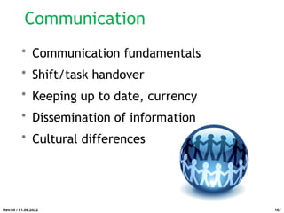 Communication
• Communication fundamentals
• Shift/task handover
• Keeping up to date, currency
• Dissemination of information
• Cultural differences
Rev.00 / 01.08.2022 167
 